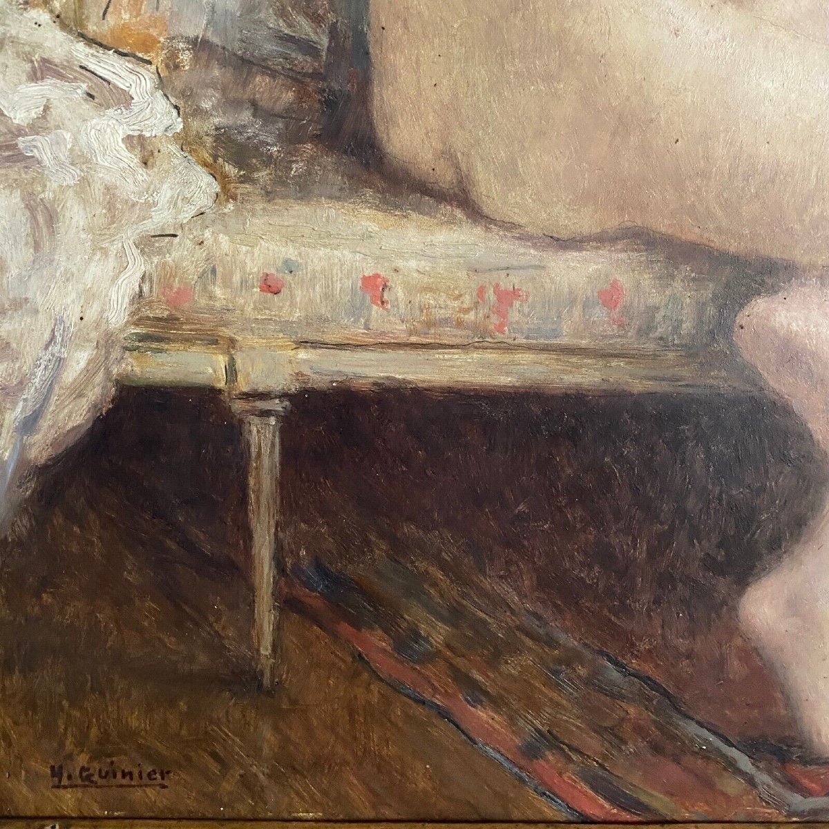 Oil On Panel By Henri Guinier Nude Woman Interior Scene-photo-3