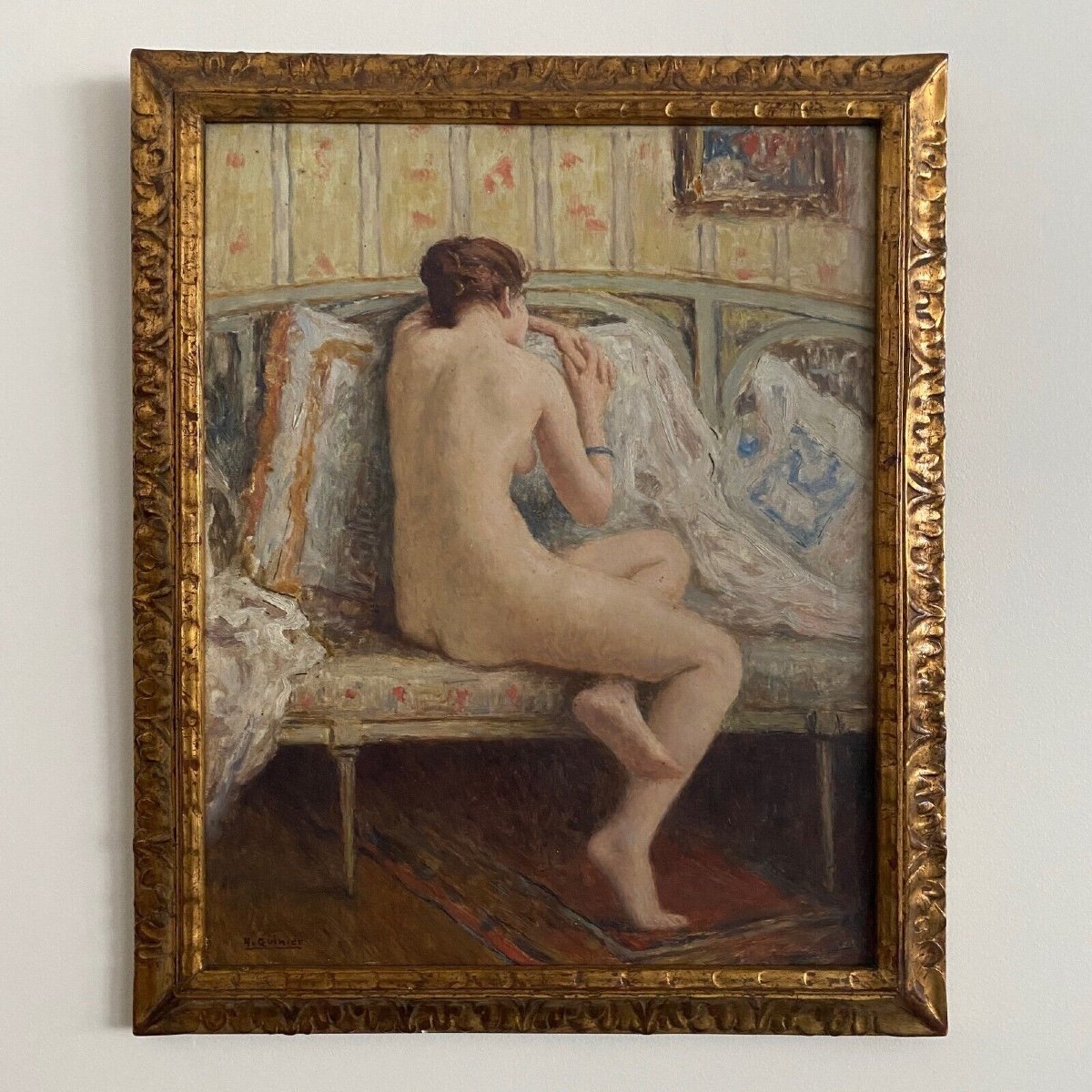 Oil On Panel By Henri Guinier Nude Woman Interior Scene