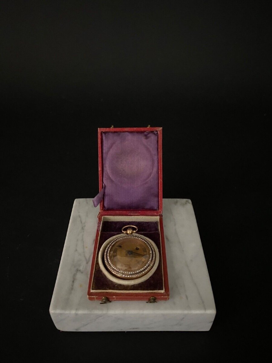 19th Century Gold And Enamel Rooster Pocket Watch With Pearl Surround And Leather Case-photo-1