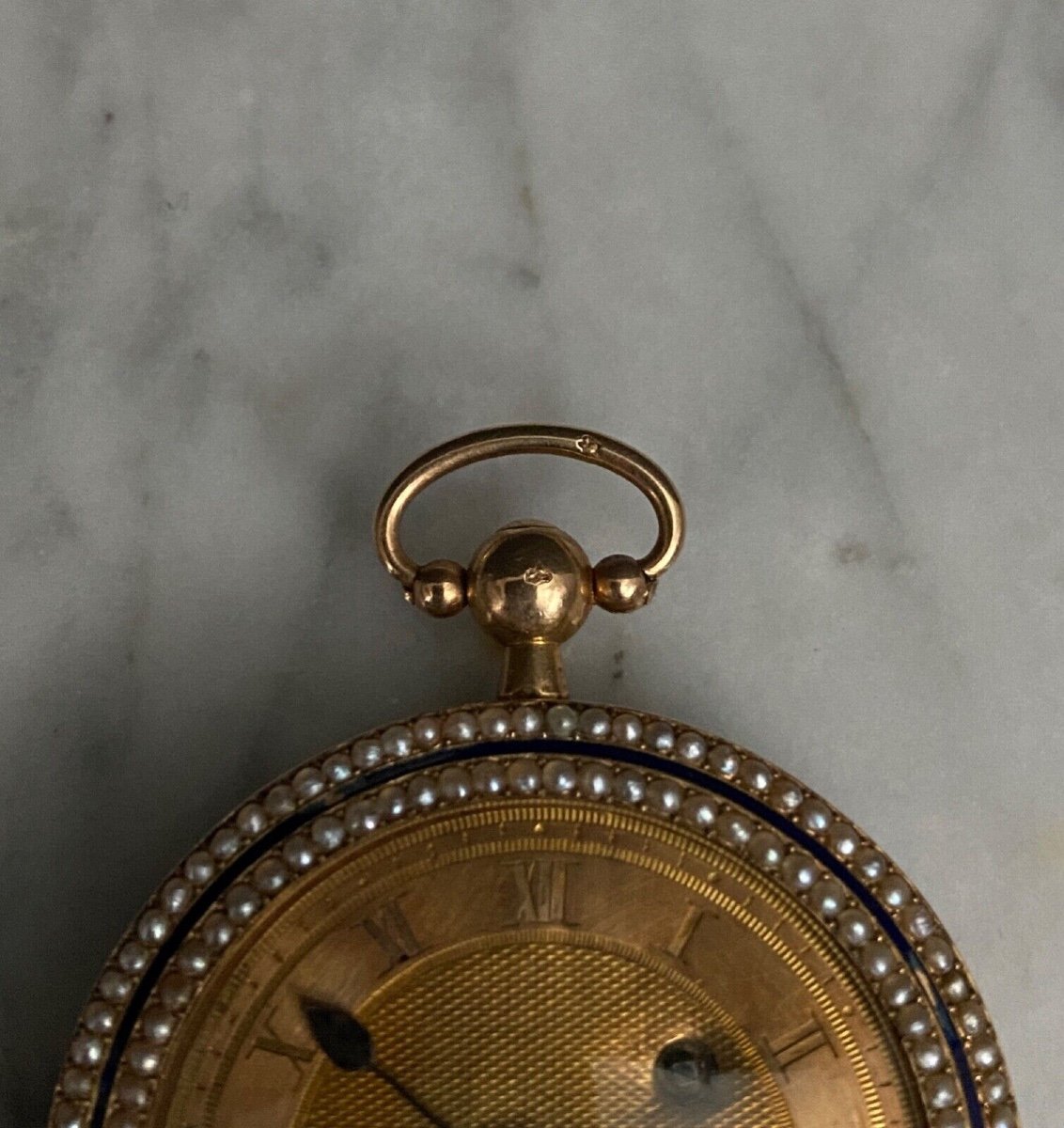 19th Century Gold And Enamel Rooster Pocket Watch With Pearl Surround And Leather Case-photo-2