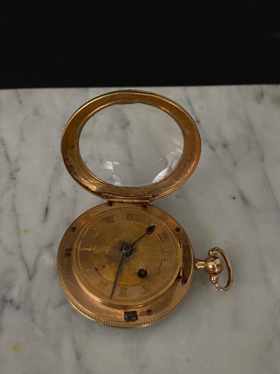 19th Century Gold And Enamel Rooster Pocket Watch With Pearl Surround And Leather Case-photo-7