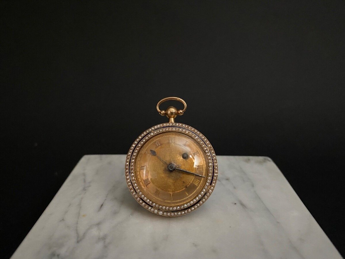 19th Century Gold And Enamel Rooster Pocket Watch With Pearl Surround And Leather Case