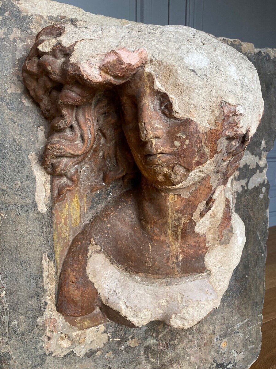 Sculpture Profile Of A Man With Hair, Face, Direct Cut Stone, 20th Century-photo-4