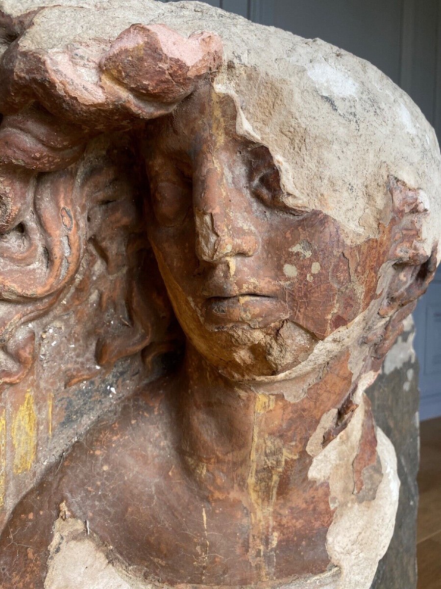 Sculpture Profile Of A Man With Hair, Face, Direct Cut Stone, 20th Century-photo-1