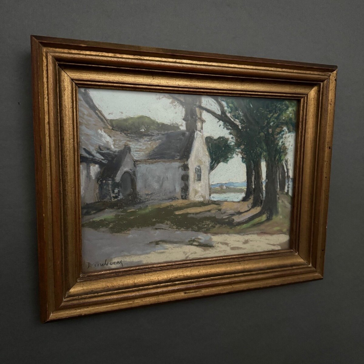 Pastel sur carton par Désiré Lucas représentant une chapelle Morbihan-photo-3