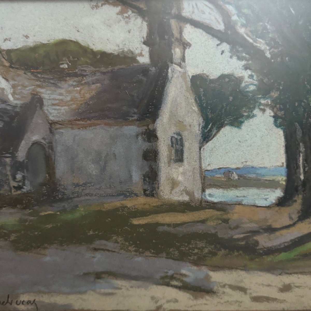 Pastel sur carton par Désiré Lucas représentant une chapelle Morbihan-photo-4