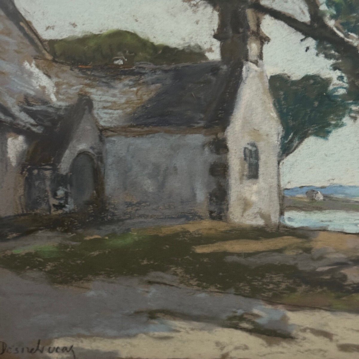 Pastel sur carton par Désiré Lucas représentant une chapelle Morbihan-photo-4