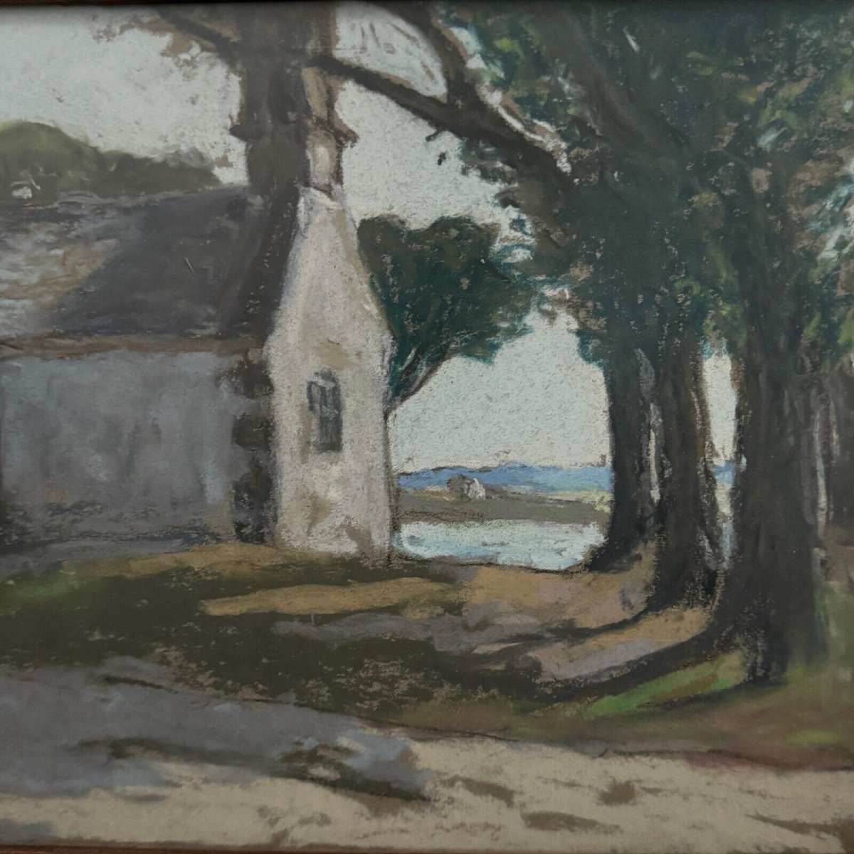 Pastel sur carton par Désiré Lucas représentant une chapelle Morbihan-photo-5