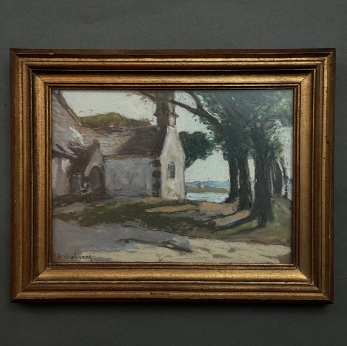 Pastel sur carton par Désiré Lucas représentant une chapelle Morbihan