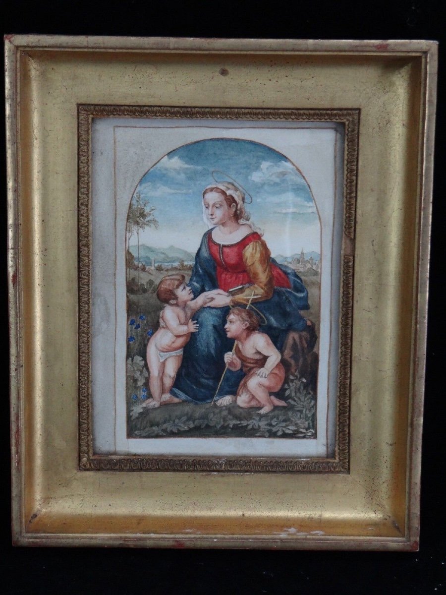 Aquarelle Vierge à l'Enfant cadre doré XIXe