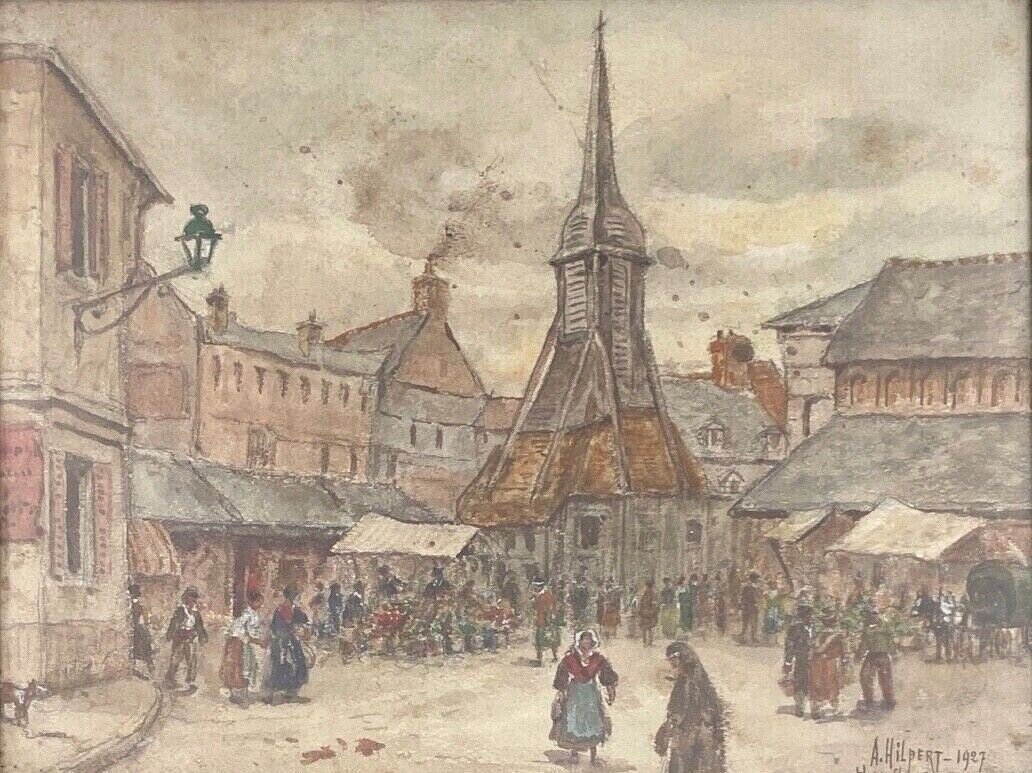 Aquarelle sur papier par Alfred Hilpert 1927 scène de marché à Honfleur-photo-2