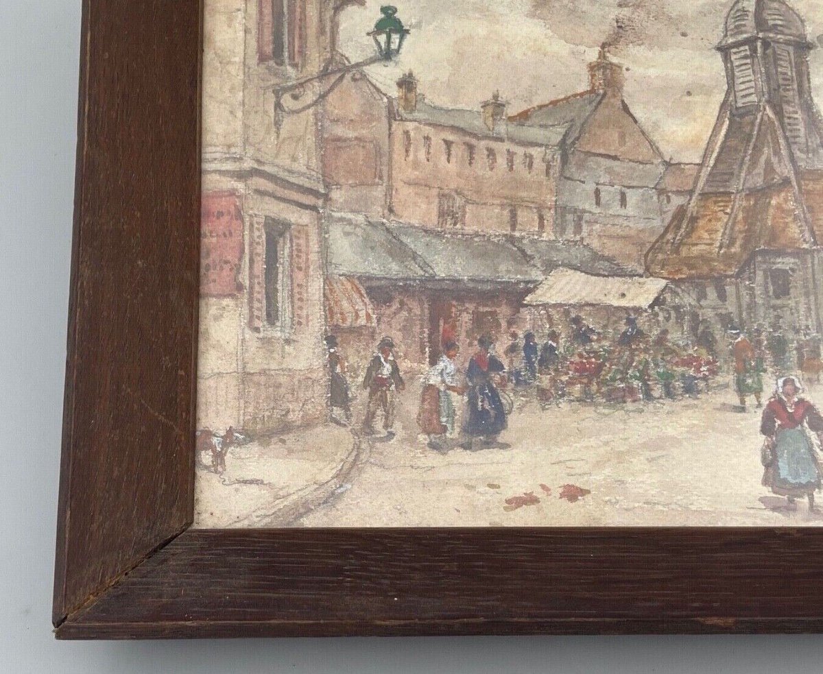 Aquarelle sur papier par Alfred Hilpert 1927 scène de marché à Honfleur-photo-2