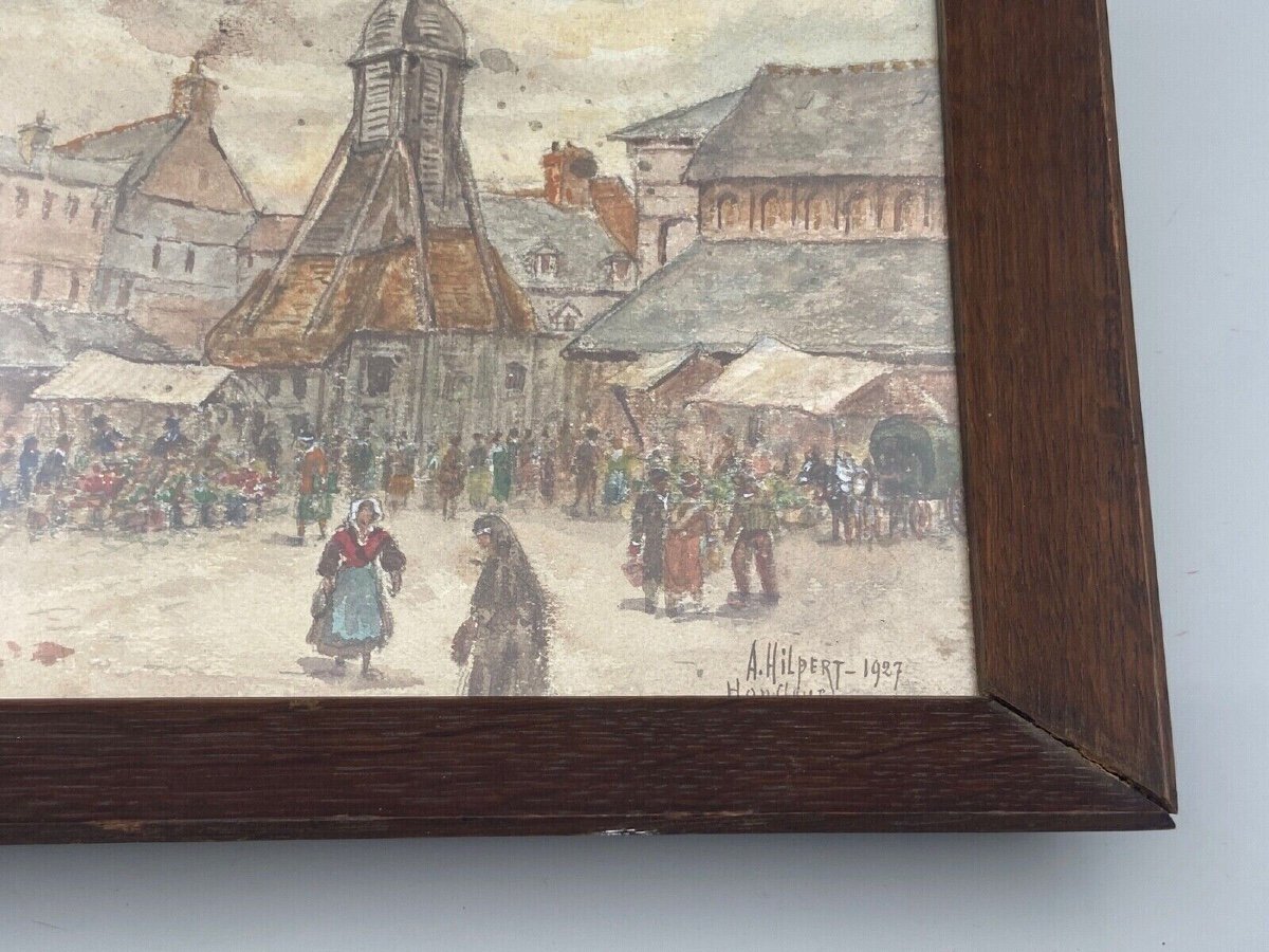 Aquarelle sur papier par Alfred Hilpert 1927 scène de marché à Honfleur-photo-3