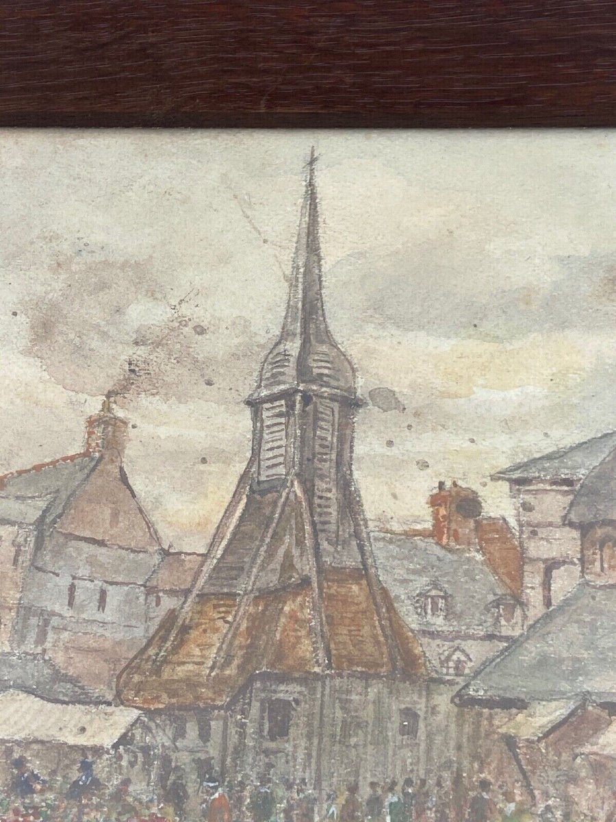 Aquarelle sur papier par Alfred Hilpert 1927 scène de marché à Honfleur-photo-4