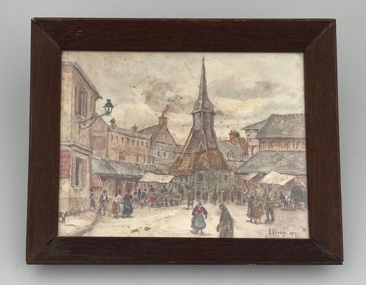 Aquarelle sur papier par Alfred Hilpert 1927 scène de marché à Honfleur