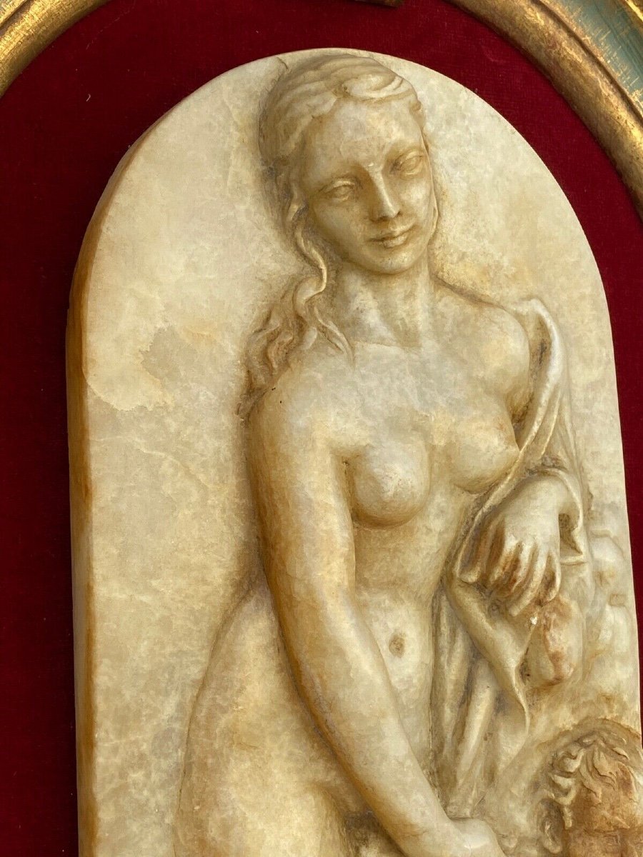 Alabaster Plaque Bas-relief Venus With Cupids 19th Century Gilded Frame Red Velvet-photo-4