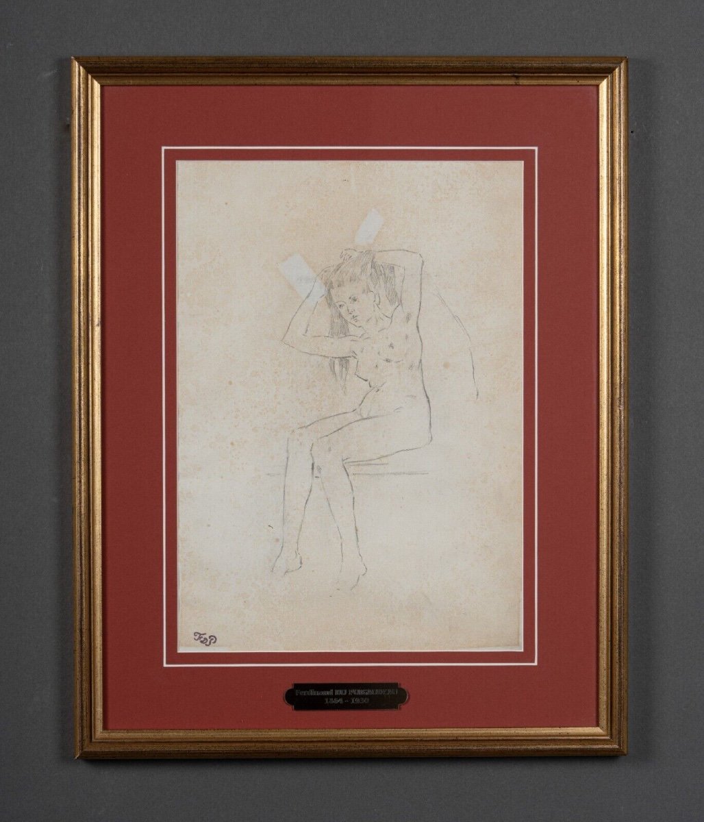 Dessin de femme nue Le Modèle par Ferdinand du Puigaudeau cadre doré