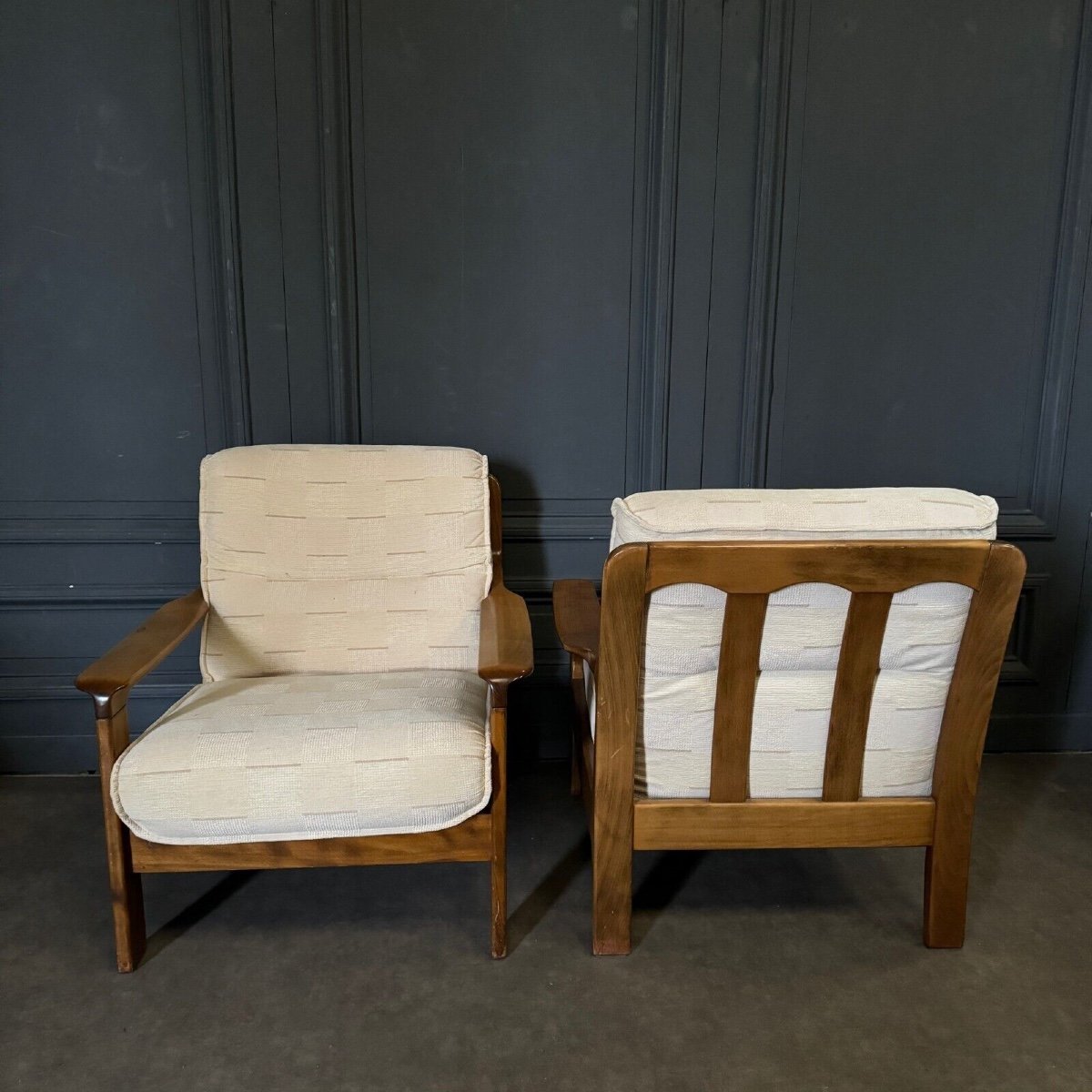 Paire de fauteuils 1980 en bois cintré assise en tissu crème-photo-1