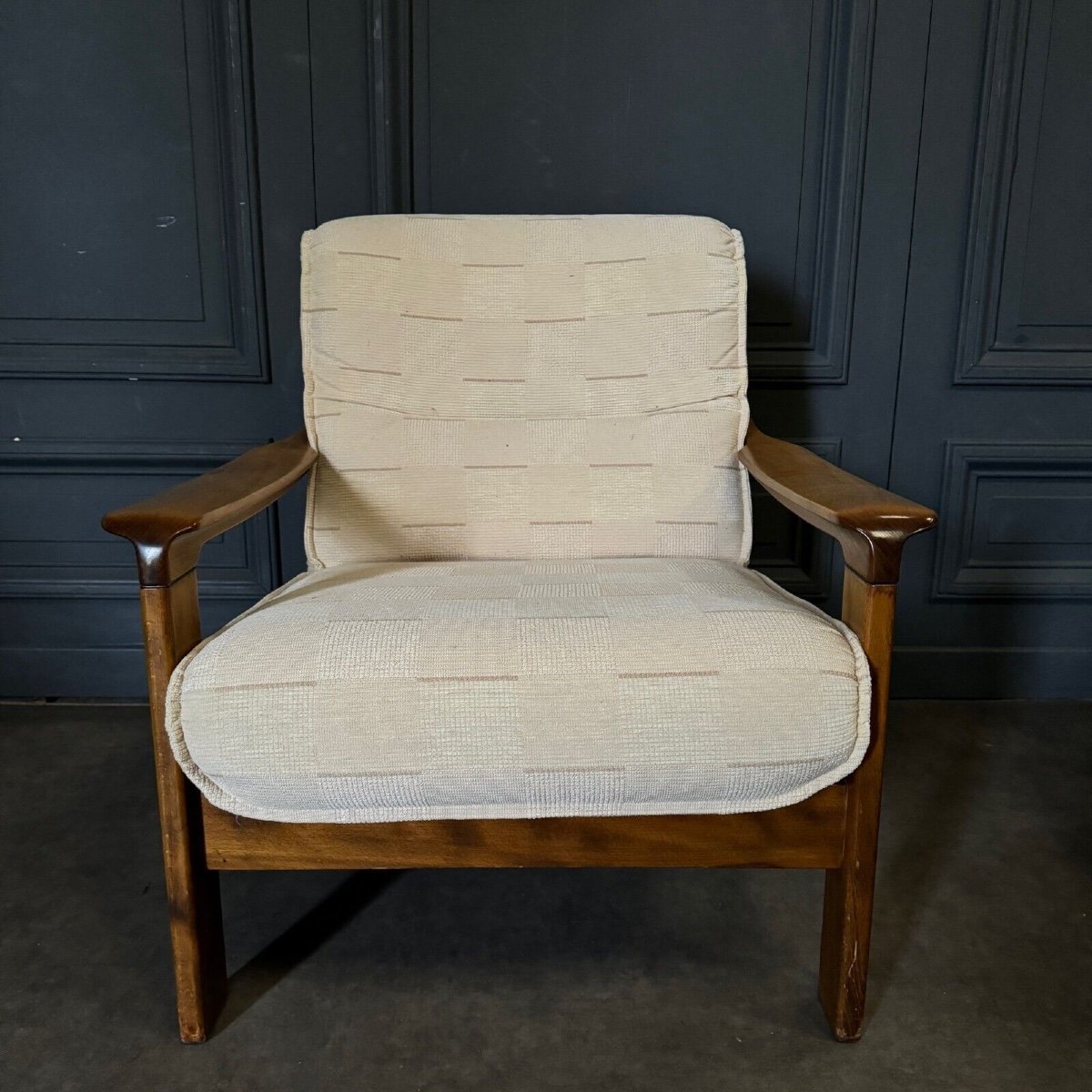 Paire de fauteuils 1980 en bois cintré assise en tissu crème-photo-2