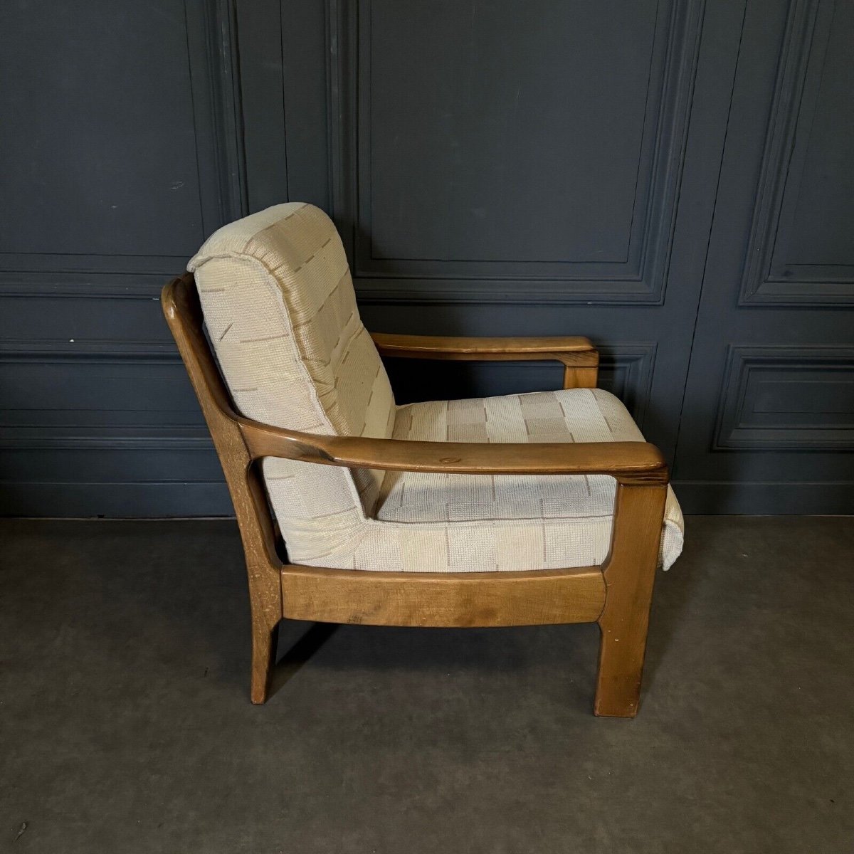 Paire de fauteuils 1980 en bois cintré assise en tissu crème-photo-6