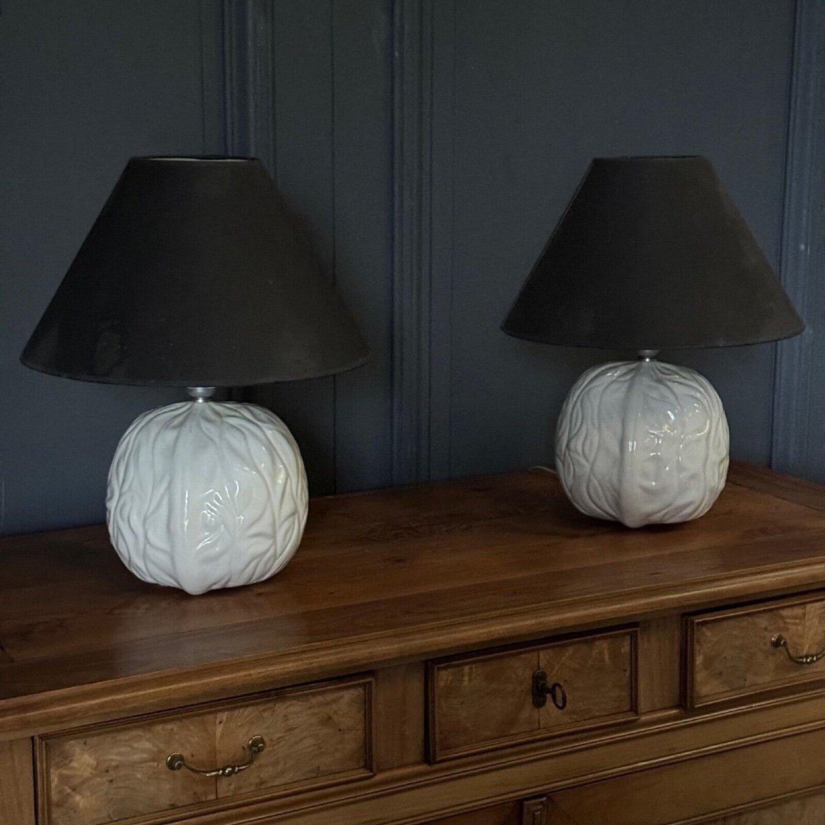 Pair Of Italian Ceramic Lamps 1980 White Walnut Shape-photo-6