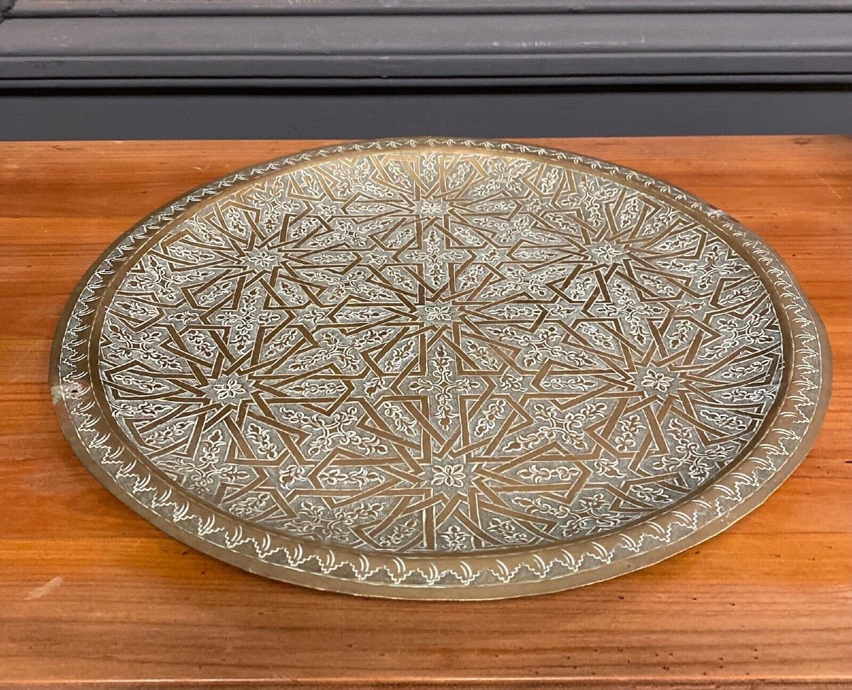 Oriental Tea Tray In Brass Or Copper, Beautiful Filigree Work 20th Century-photo-2