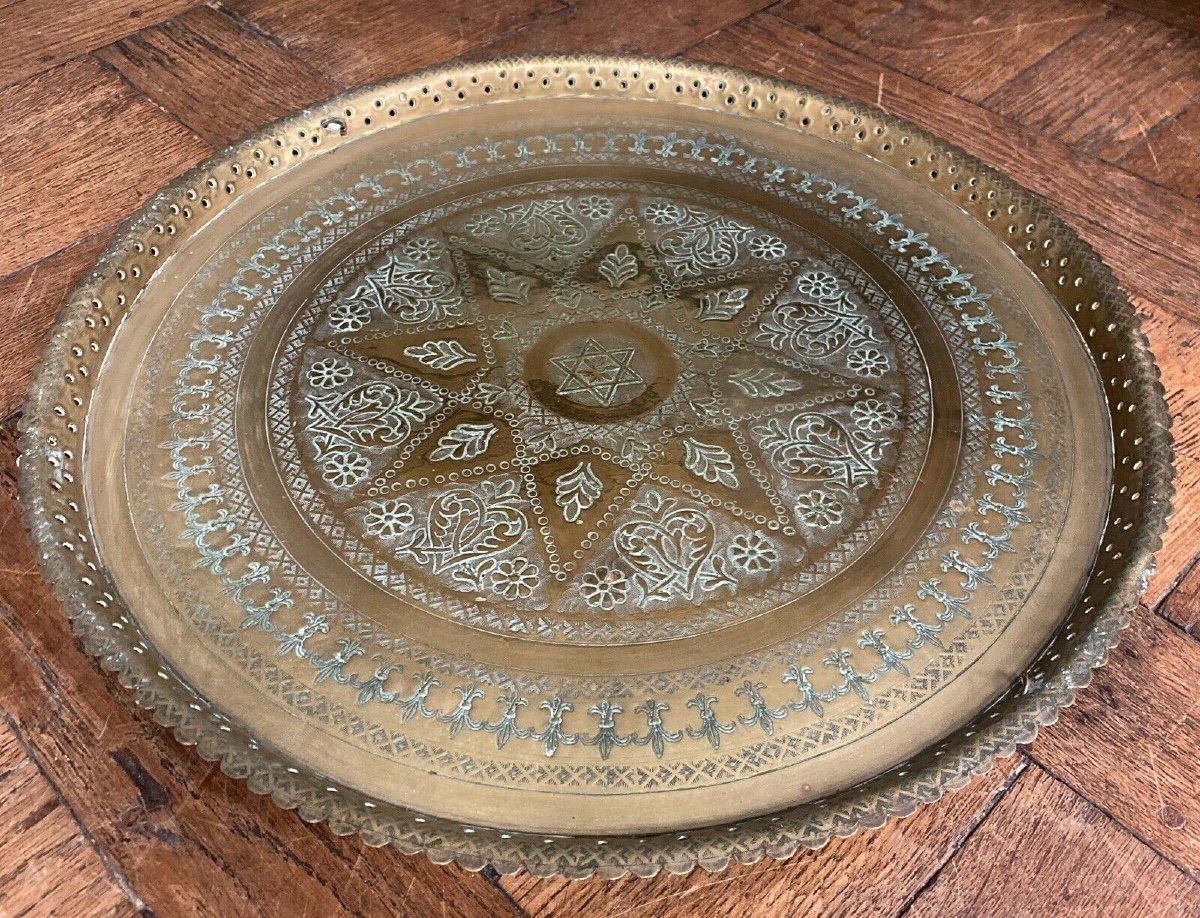 Oriental Tea Tray In Brass Or Copper, Beautiful Filigree Work 20th Century-photo-3