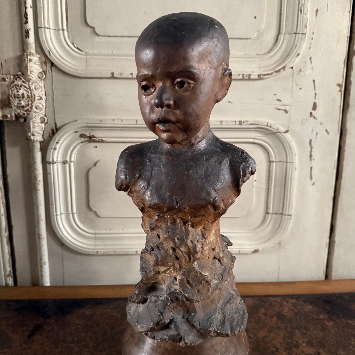 Sculpture en terre cuite atelier Charles Filleul enfant en buste XXe-photo-2