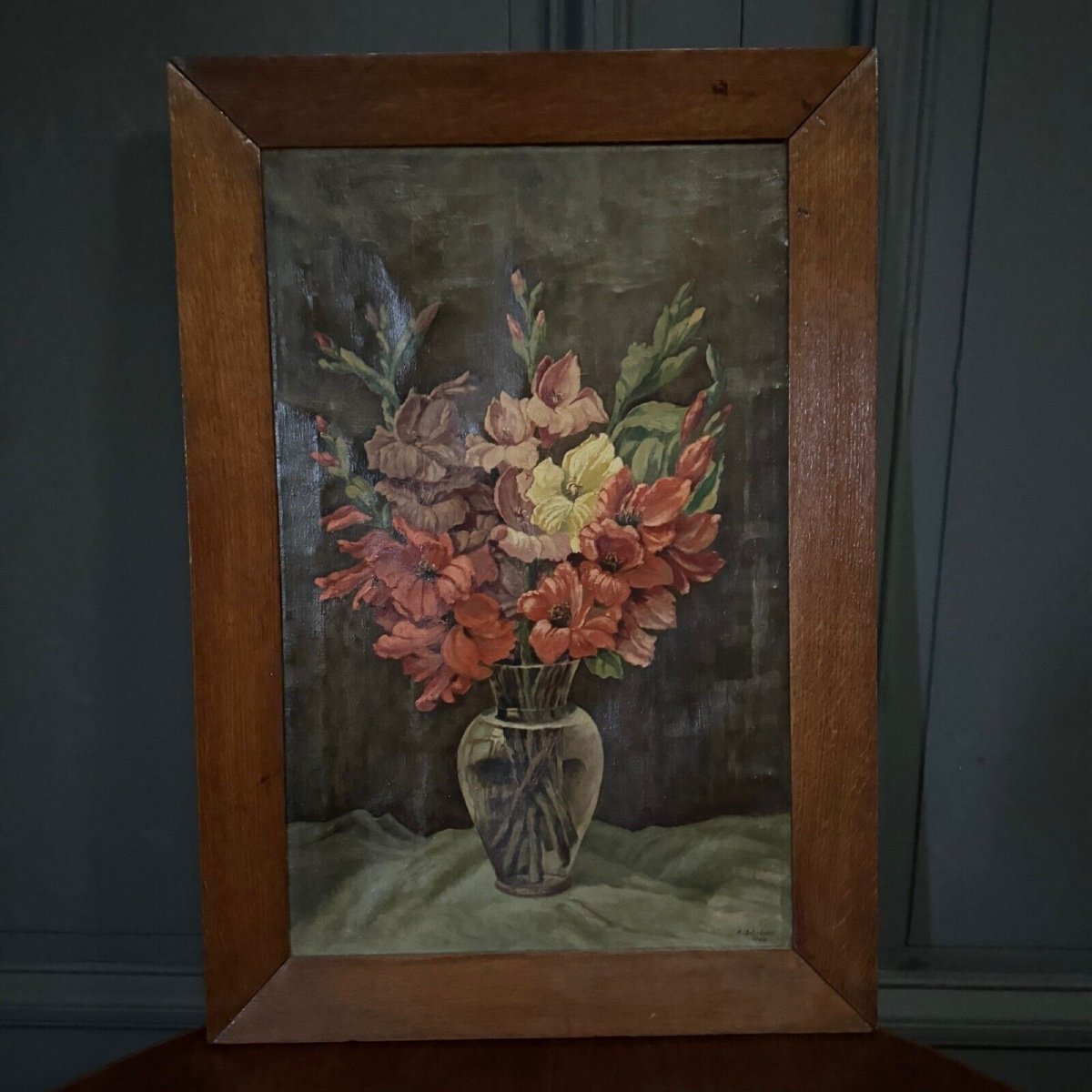 Huile sur toile nature morte bouquet de fleurs par R. Schroder 1942-photo-3