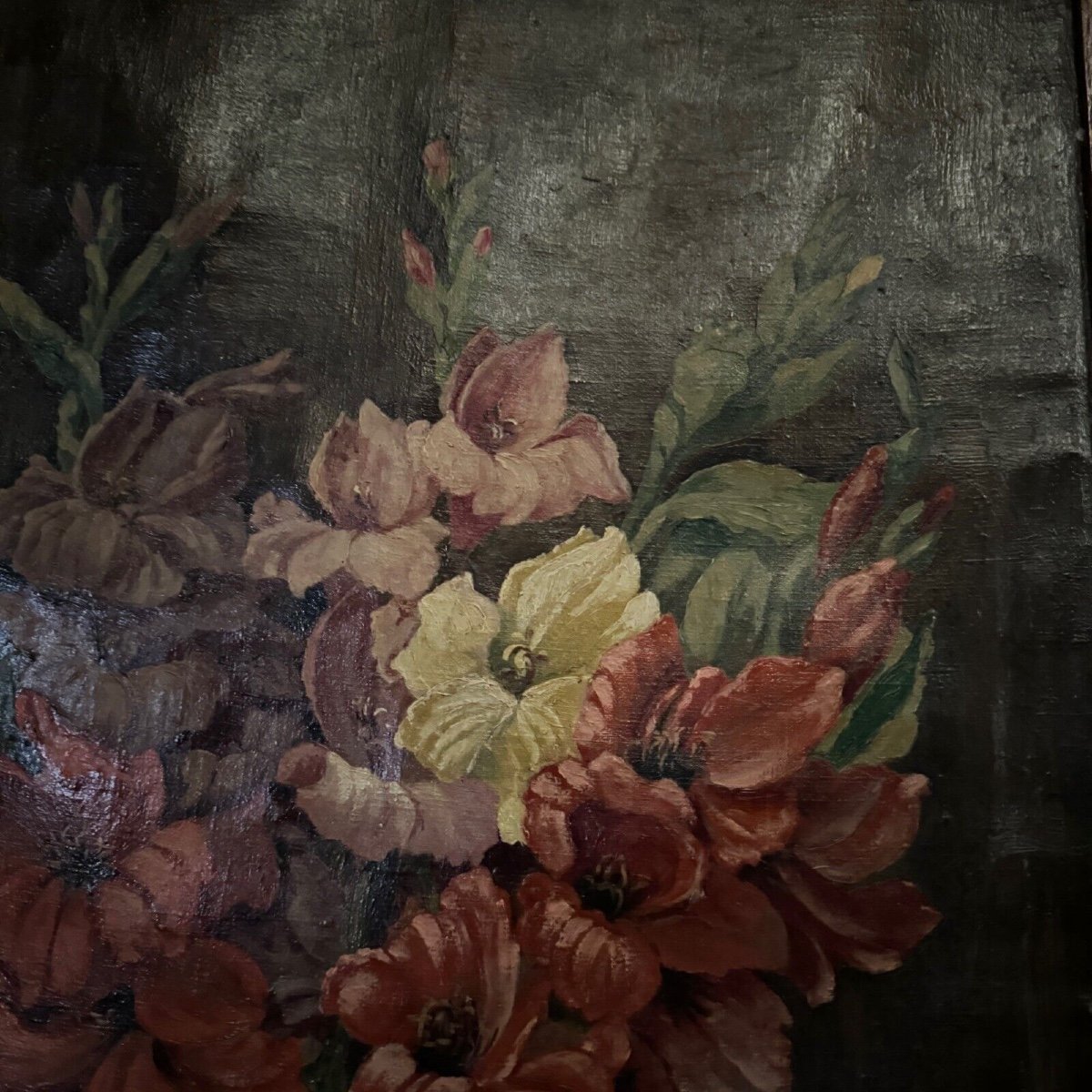 Huile sur toile nature morte bouquet de fleurs par R. Schroder 1942-photo-4