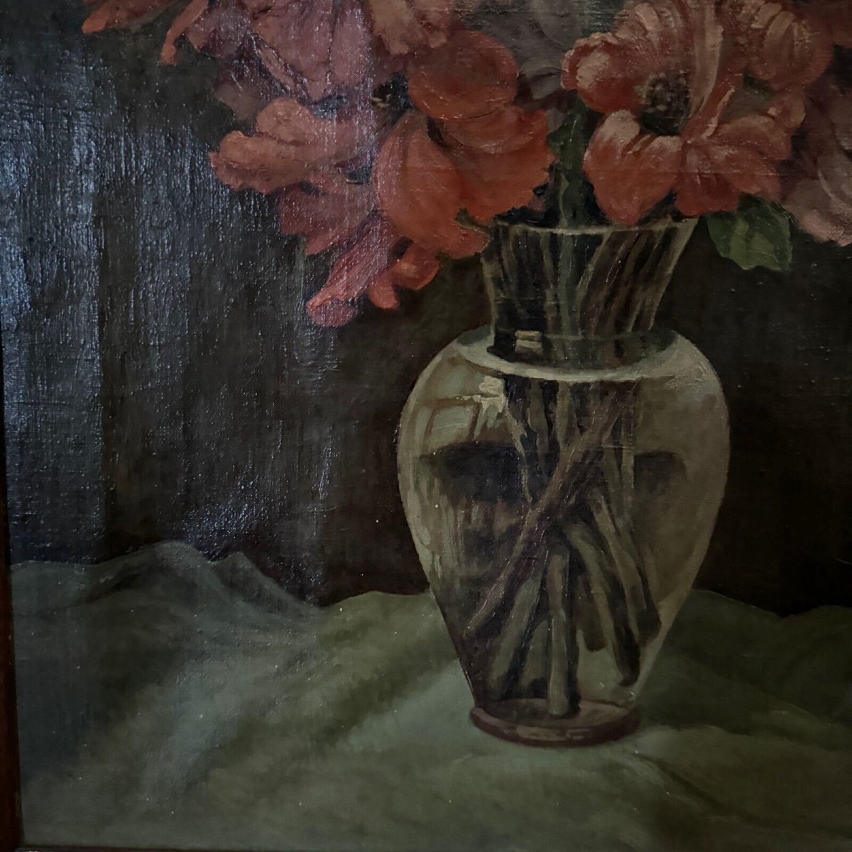 Huile sur toile nature morte bouquet de fleurs par R. Schroder 1942-photo-2