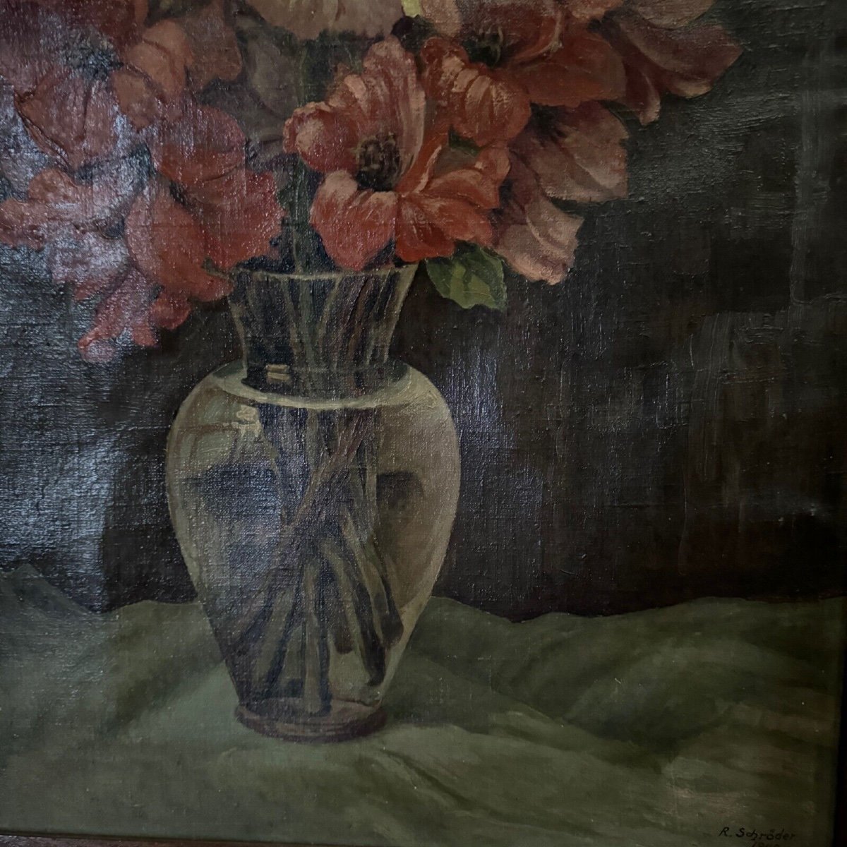 Huile sur toile nature morte bouquet de fleurs par R. Schroder 1942-photo-3