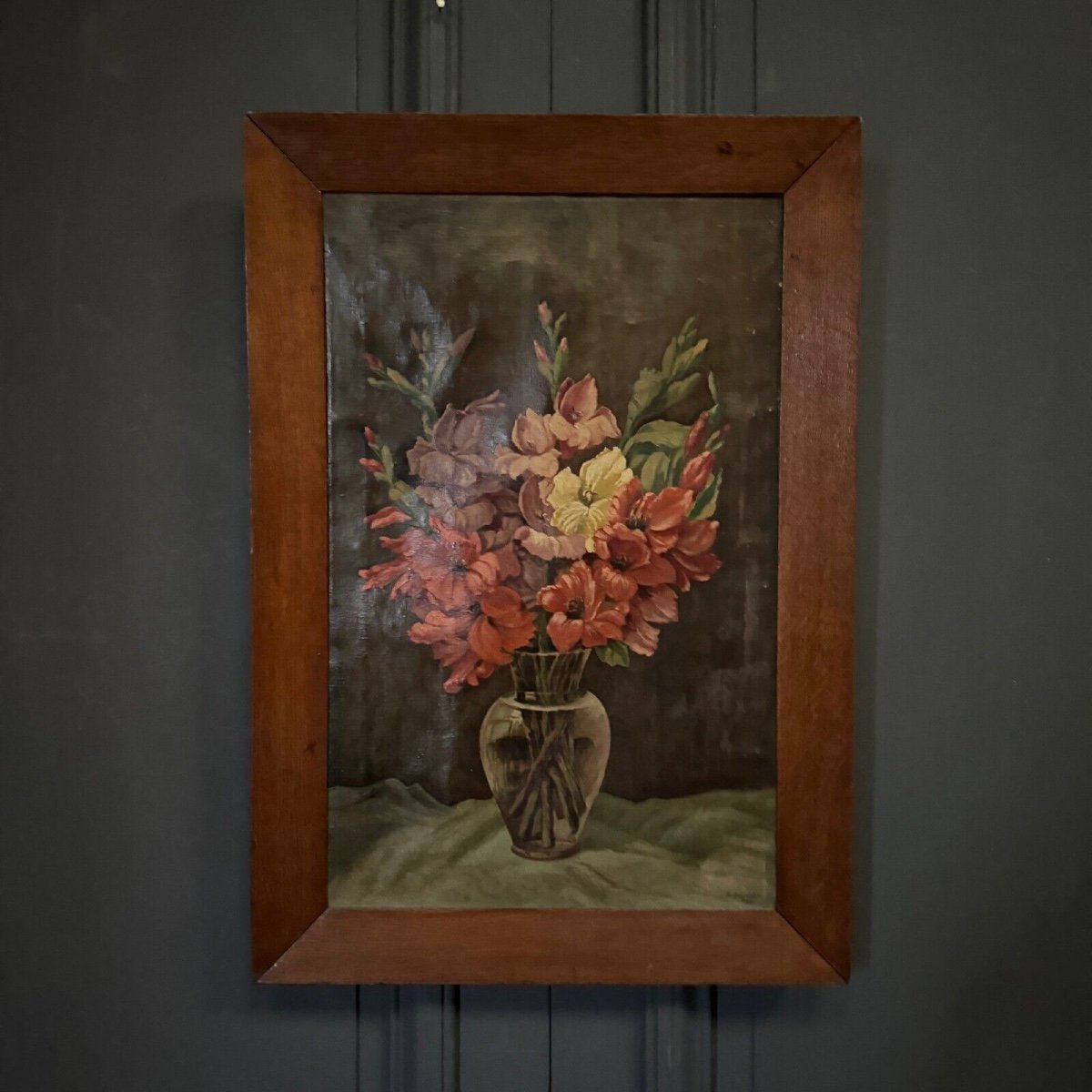 Huile sur toile nature morte bouquet de fleurs par R. Schroder 1942