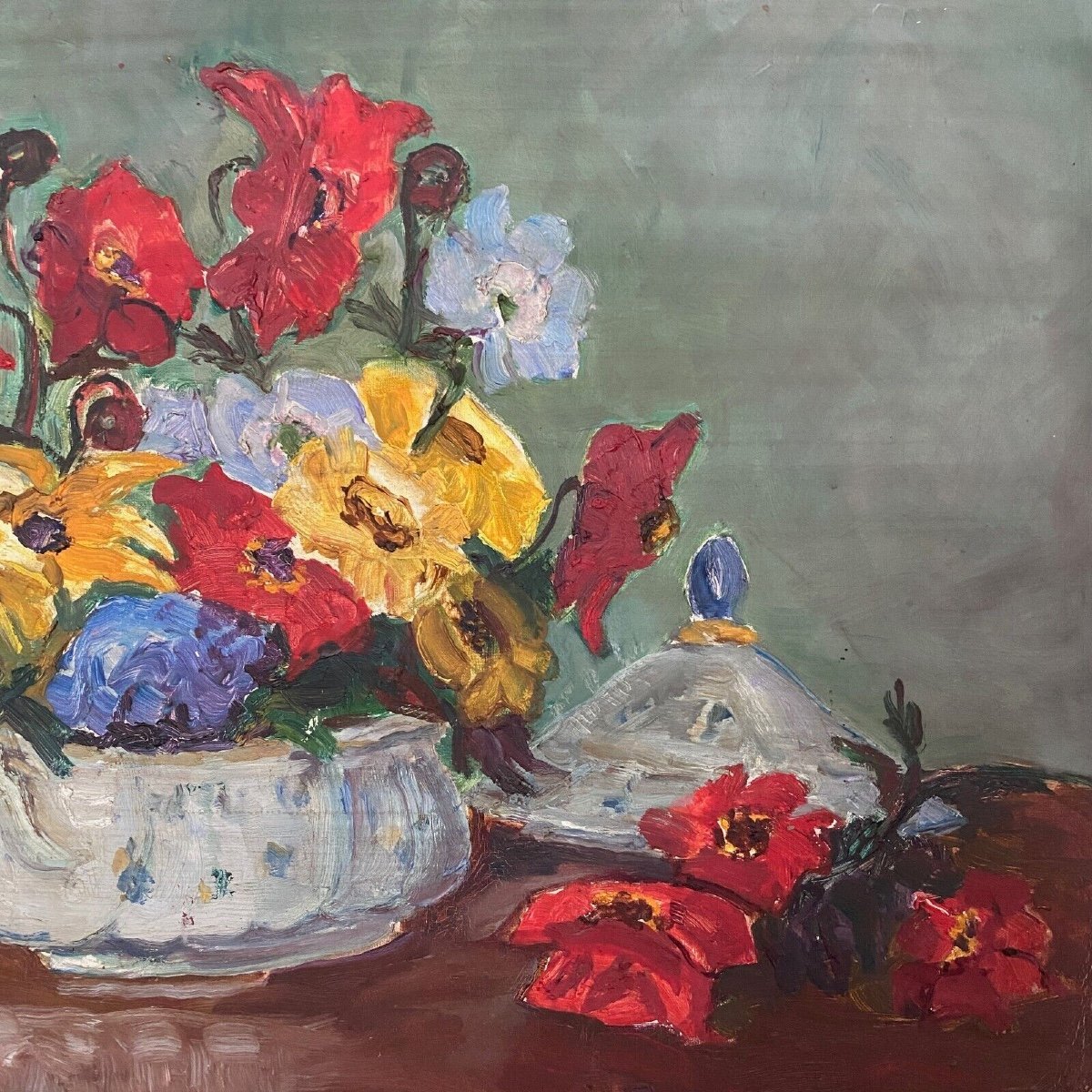 Oil On Cardboard Still Life Bouquet Of Flowers 20th Century-photo-3