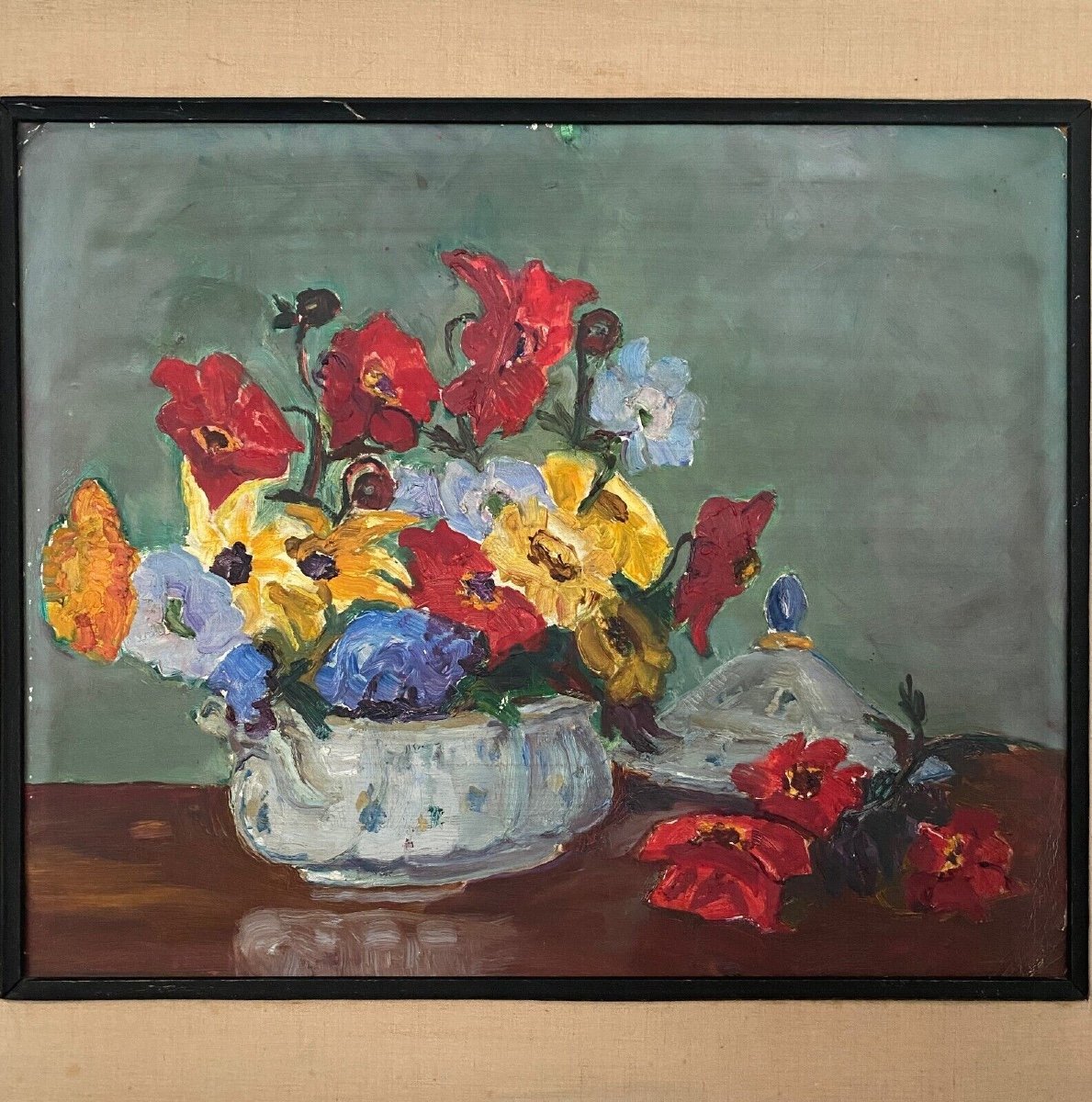 Oil On Cardboard Still Life Bouquet Of Flowers 20th Century-photo-2