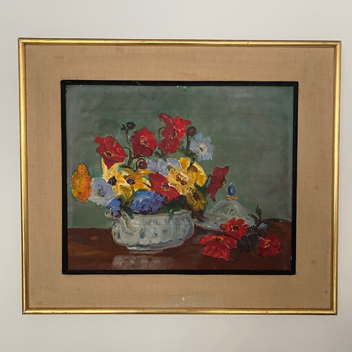 Oil On Cardboard Still Life Bouquet Of Flowers 20th Century