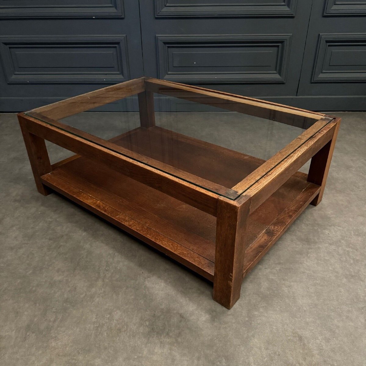 1970s Coffee Table In Oak And Glass Top, French Work-photo-3