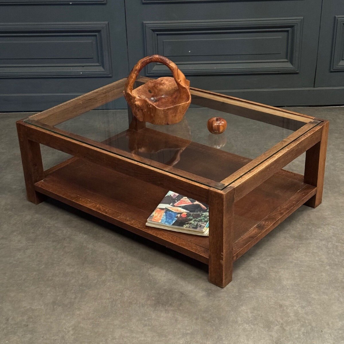 Table basse 1970 en chêne et plateau en verre travail français-photo-4