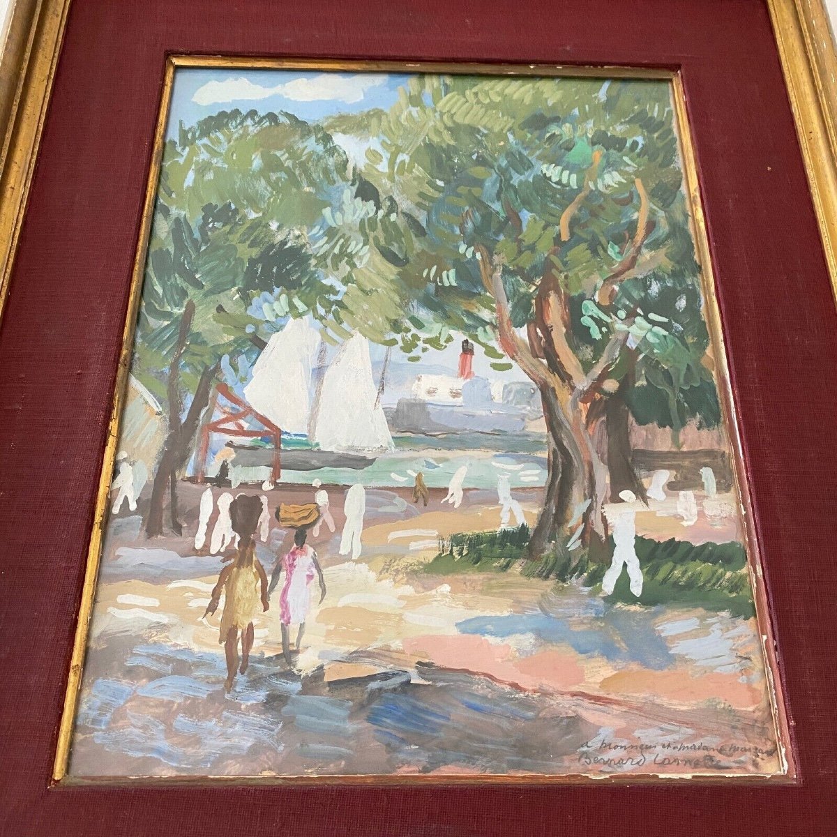 Watercolor On Paper By Bernard Lamotte 20th Century The Antilles-photo-4