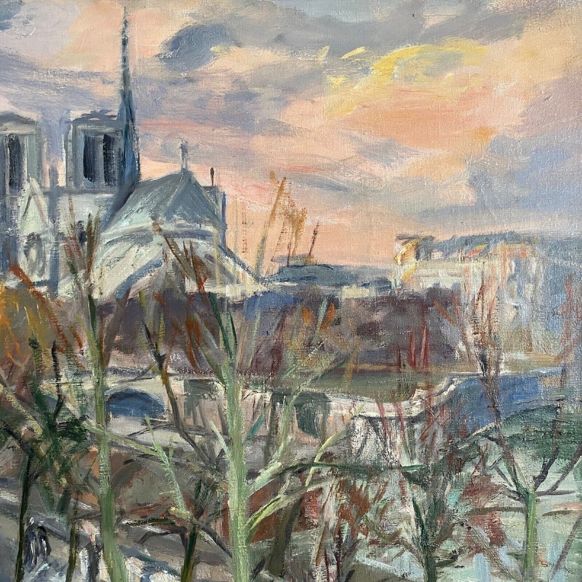 Huile sur toile par René Levrel Paris Notre-Dame XXe cadre cérusé-photo-2