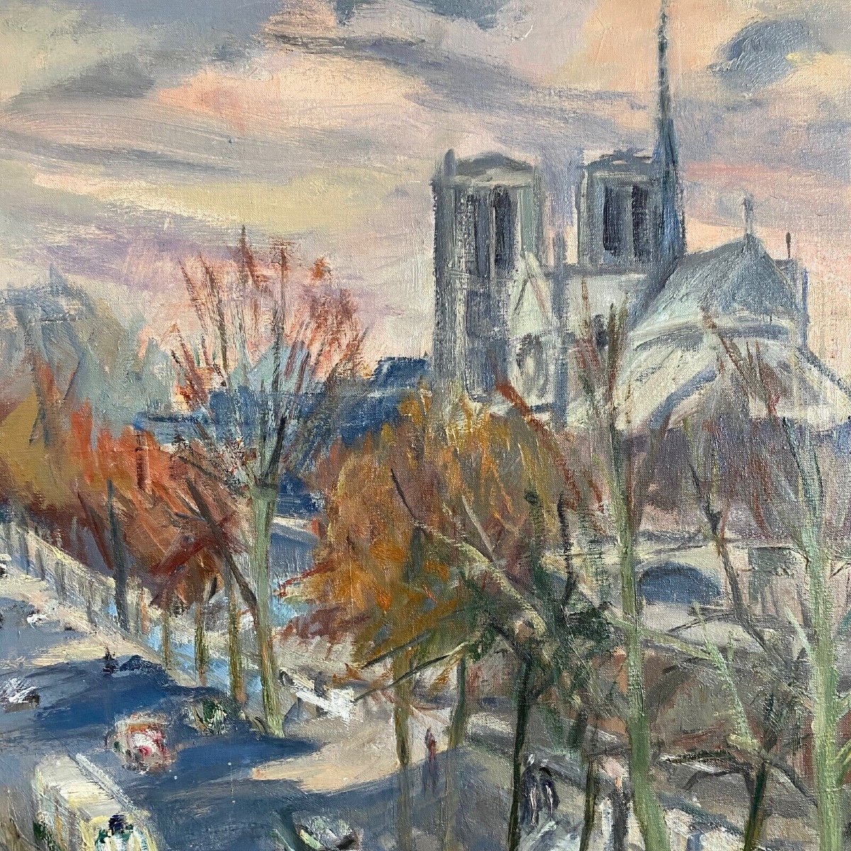 Huile sur toile par René Levrel Paris Notre-Dame XXe cadre cérusé-photo-4