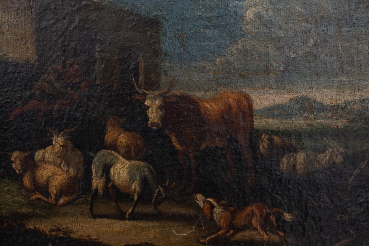 Oil On Canvas 18th Century Scene Of Animals And Shepherd Gilded Frame-photo-3