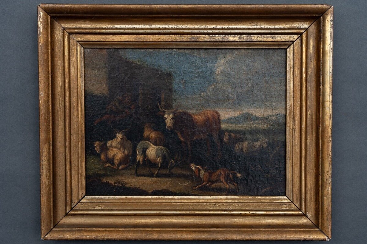 Oil On Canvas 18th Century Scene Of Animals And Shepherd Gilded Frame