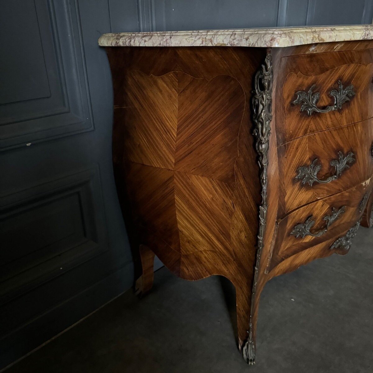 Commode en marqueterie Louis XV 3 tiroirs marbre de Sienne-photo-4