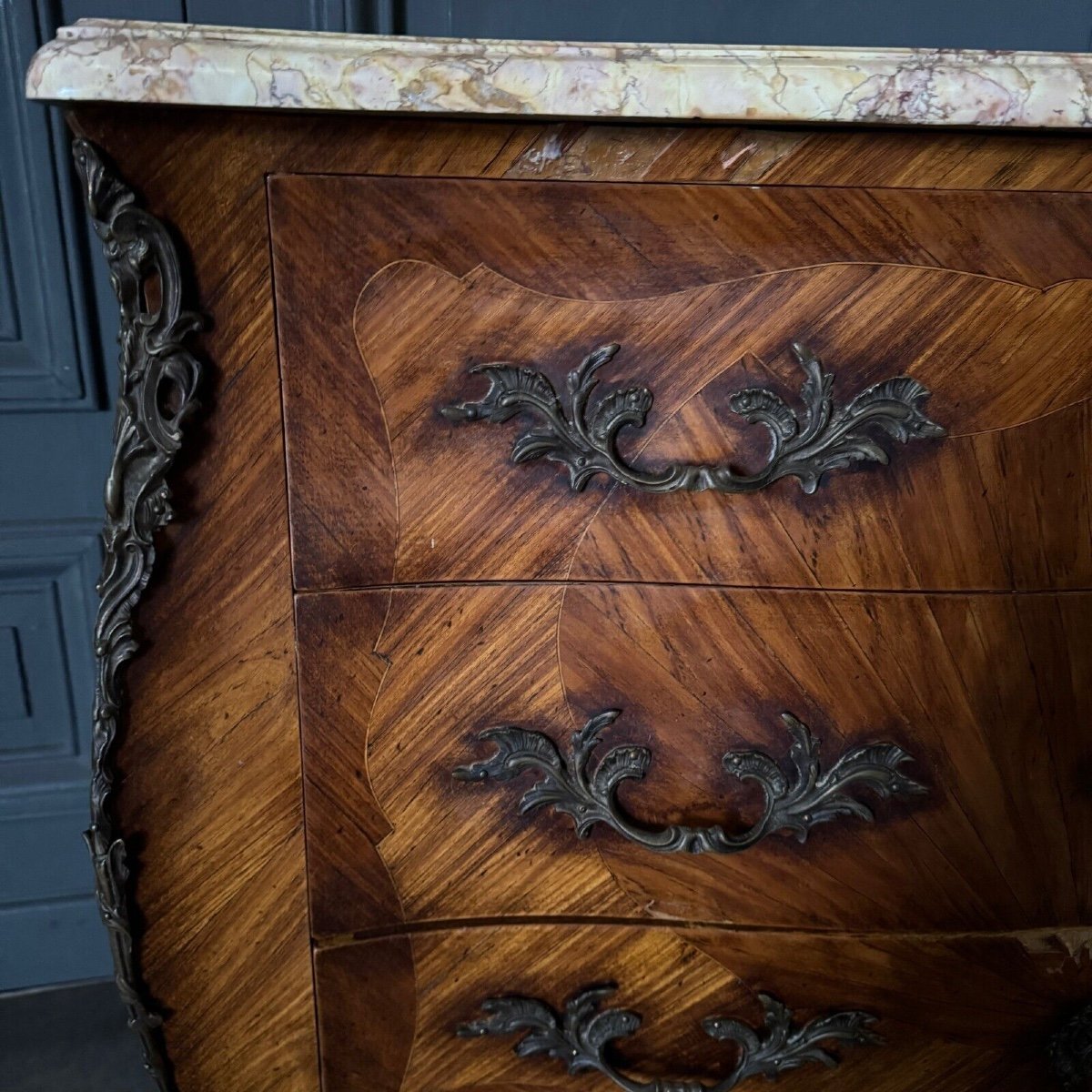 Commode en marqueterie Louis XV 3 tiroirs marbre de Sienne-photo-4