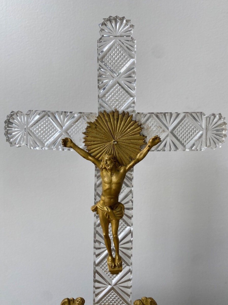 Crucifix In Cut Crystal And Gilded Bronze, Charles X Period, Early 19th Century-photo-2