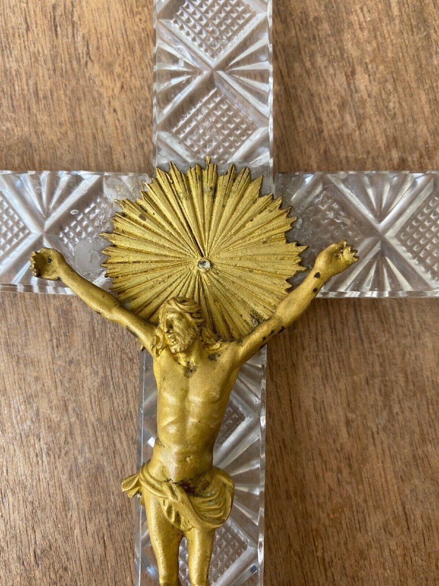 Crucifix In Cut Crystal And Gilded Bronze, Charles X Period, Early 19th Century-photo-5