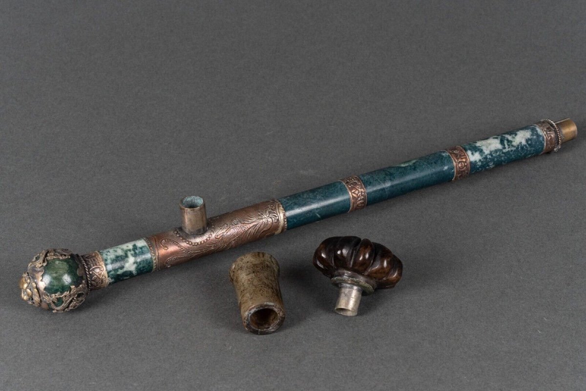 Hard Stone And Silver Plated Metal Pipe, China, Lion's Head, Early 20th Century-photo-2