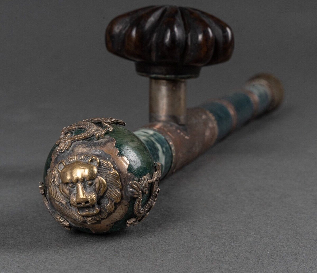 Hard Stone And Silver Plated Metal Pipe, China, Lion's Head, Early 20th Century-photo-3