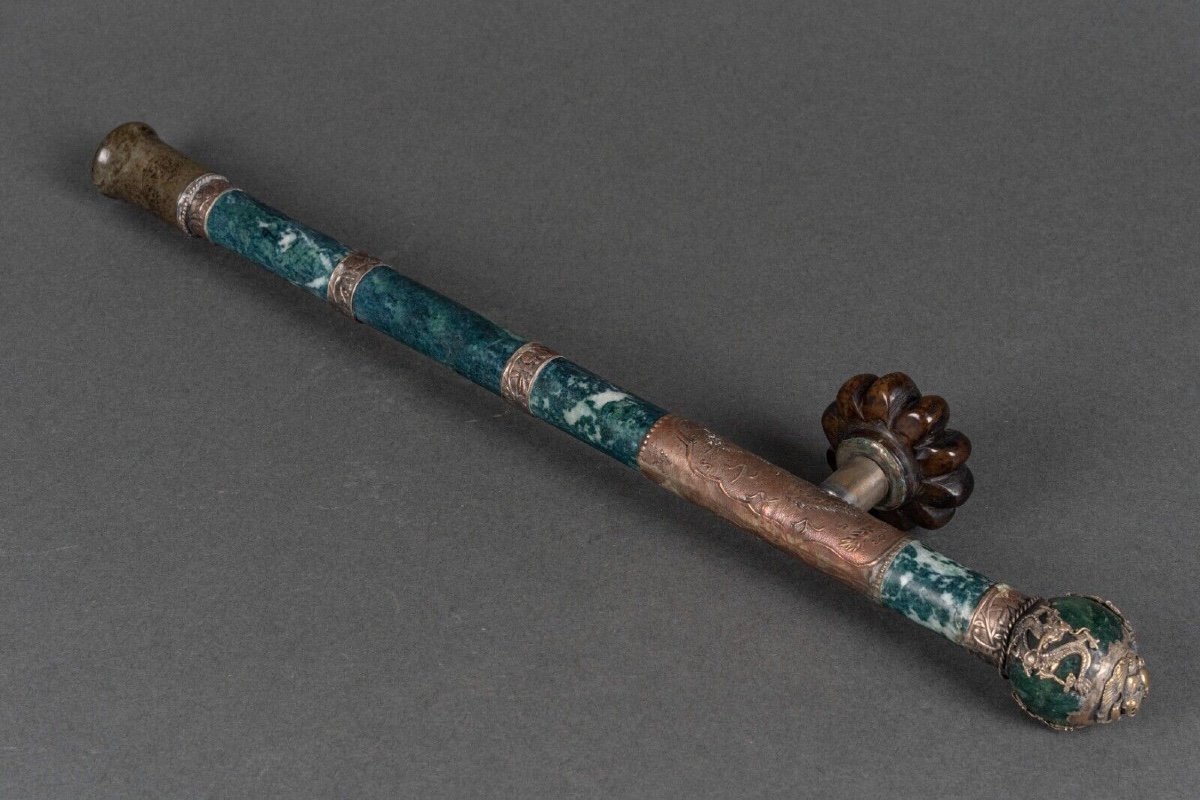 Hard Stone And Silver Plated Metal Pipe, China, Lion's Head, Early 20th Century-photo-4